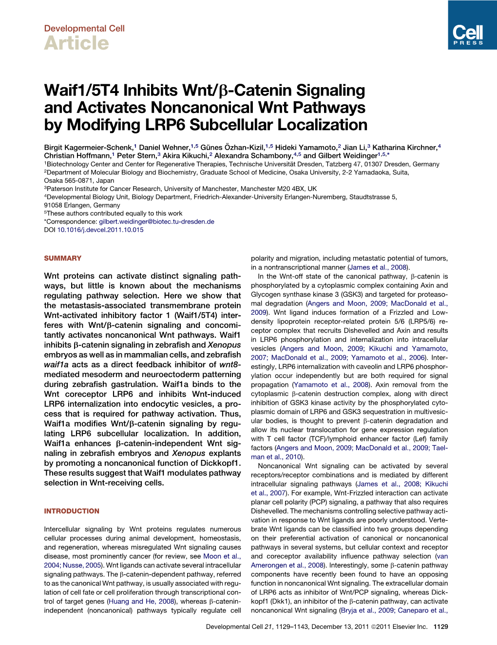 Waif1/5T4 Inhibits Wnt/Β-Catenin Signaling and Activates