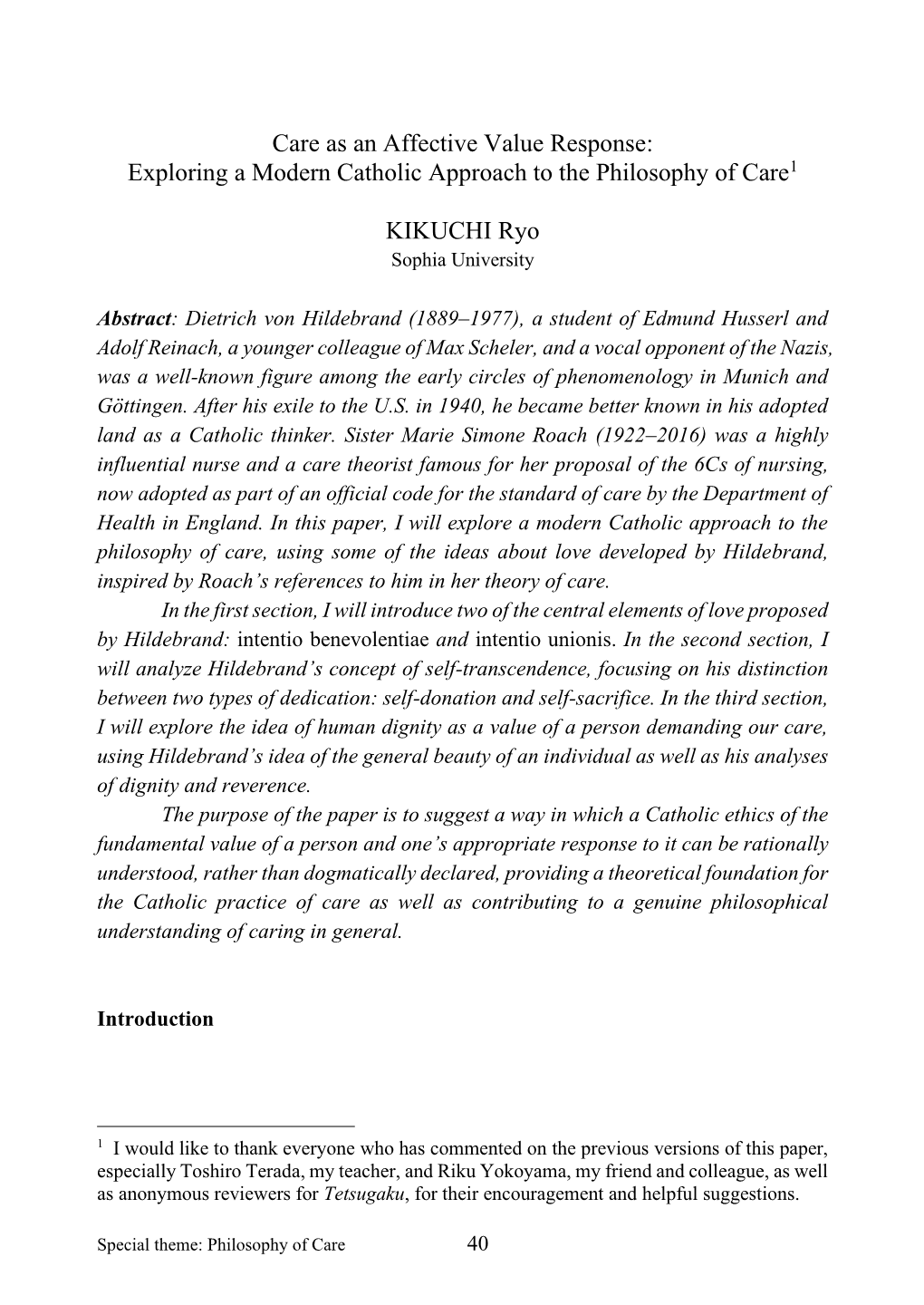 Care As an Affective Value Response: Exploring a Modern Catholic Approach to the Philosophy of Care1