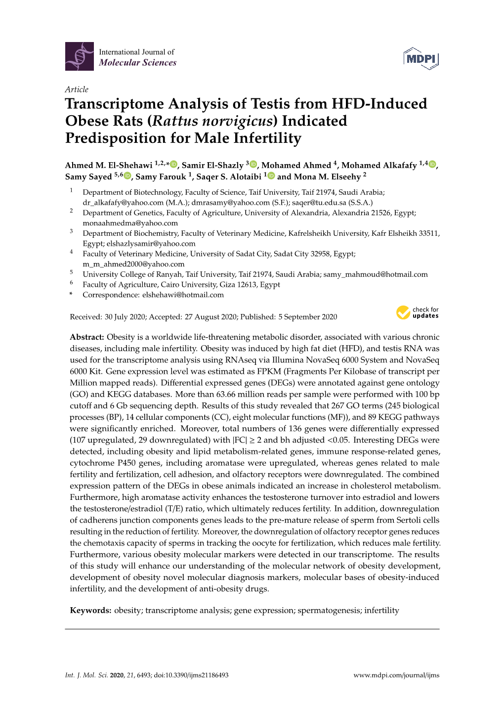 Transcriptome Analysis of Testis from HFD-Induced Obese Rats (Rattus Norvigicus) Indicated Predisposition for Male Infertility