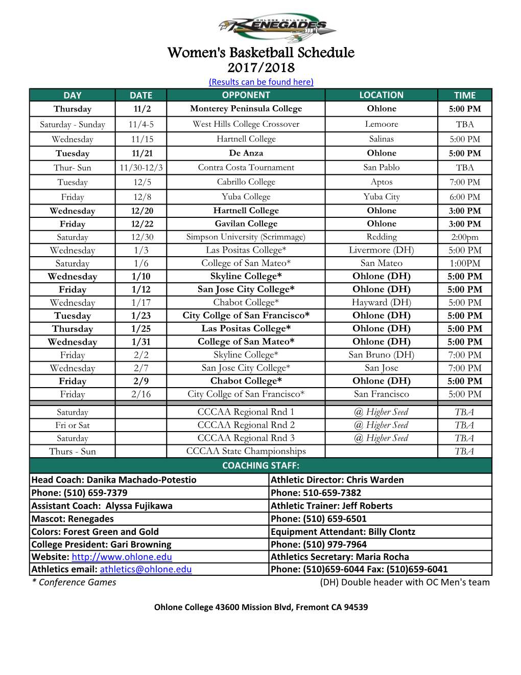 2017-2018 Women's Basketball Schedule