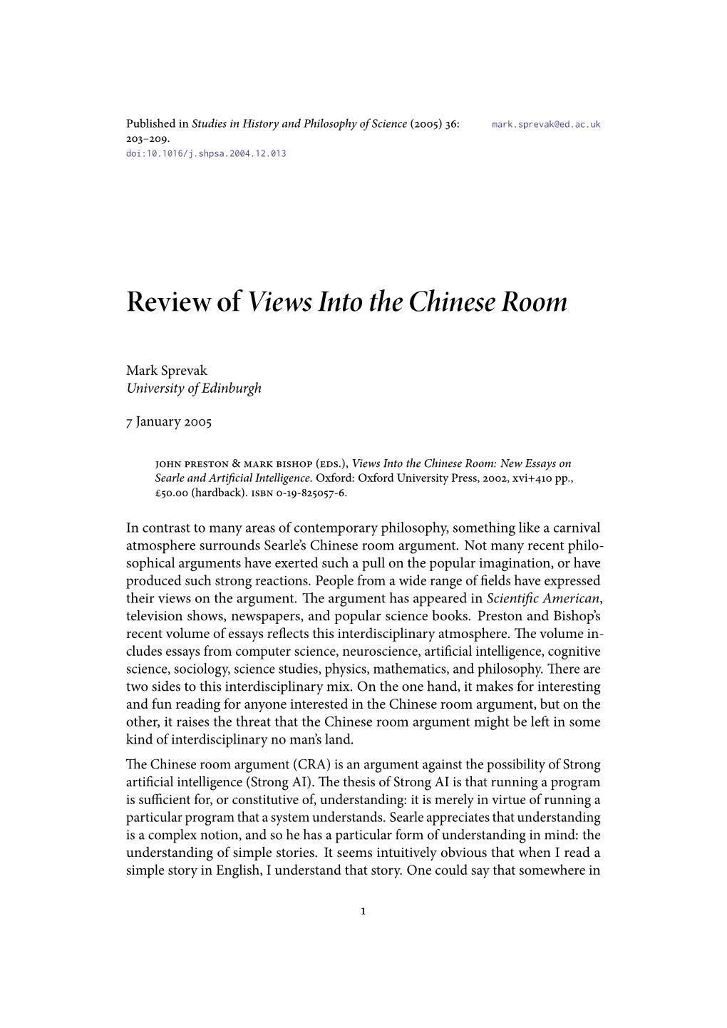 Review of Views Into the Chinese Room