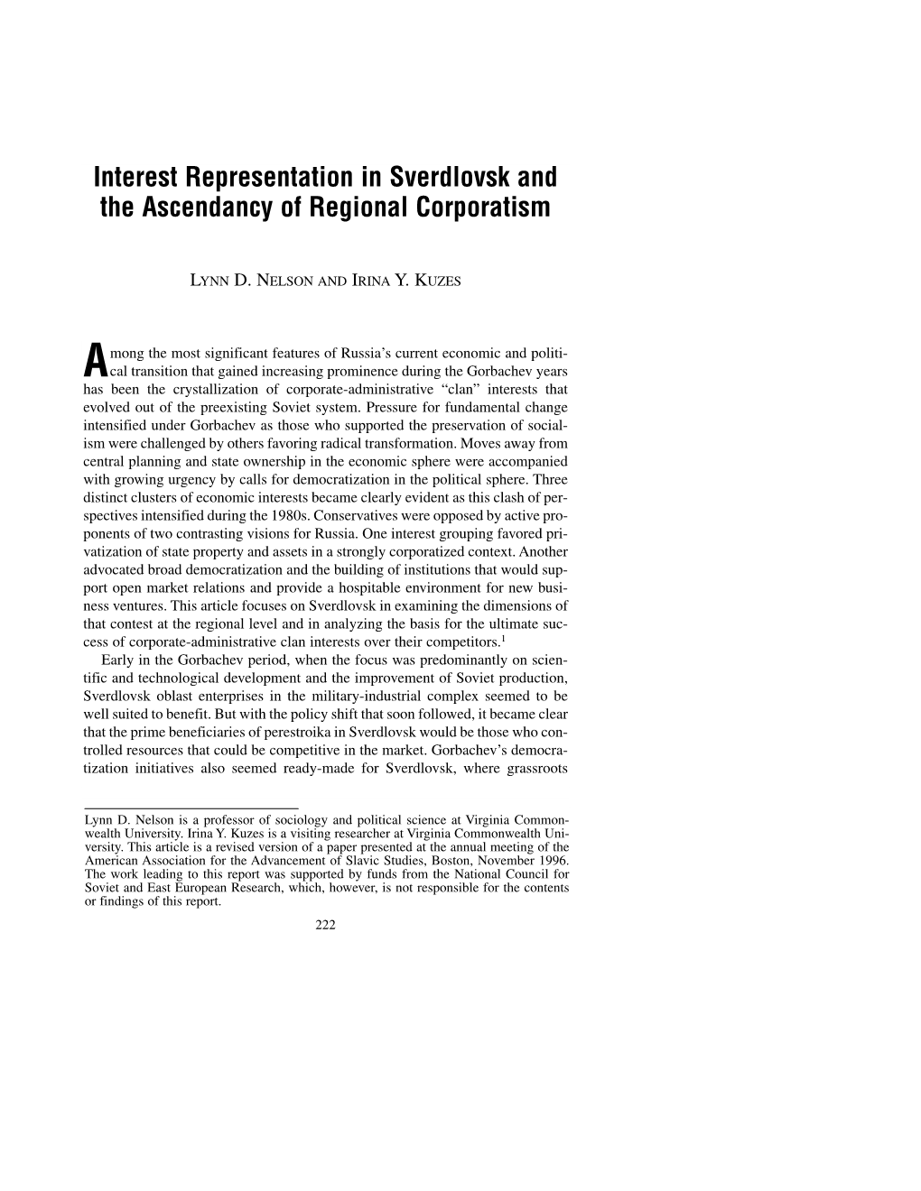 Interest Representation in Sverdlovsk and the Ascendancy of Regional Corporatism