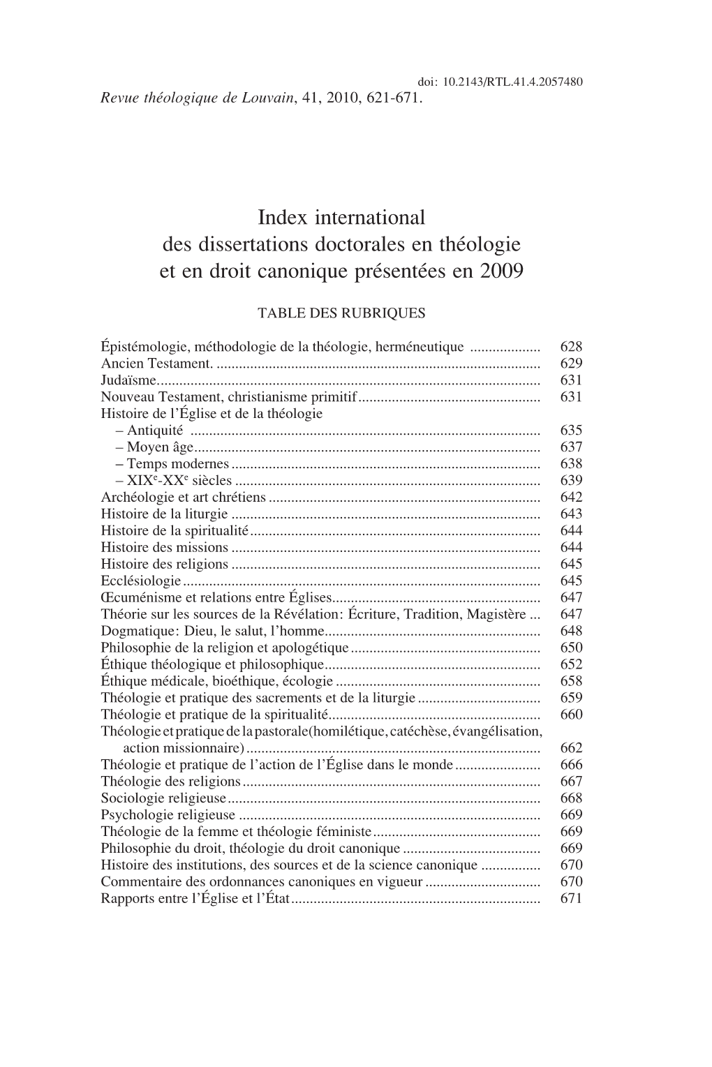 Index International Des Dissertations Doctorales En Théologie Et En Droit Canonique Présentées En 2009