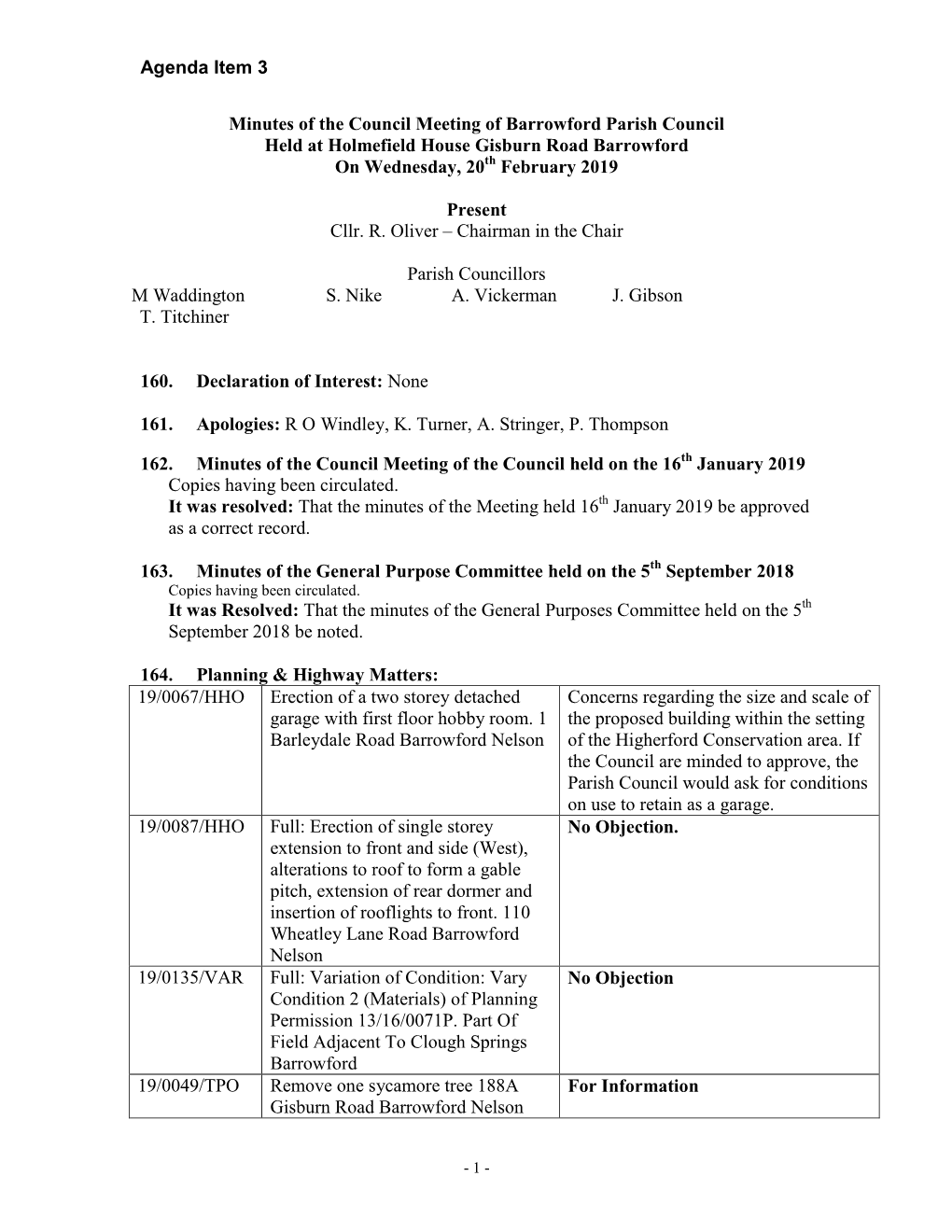 Agenda Item 3 Minutes of the Council Meeting of Barrowford Parish