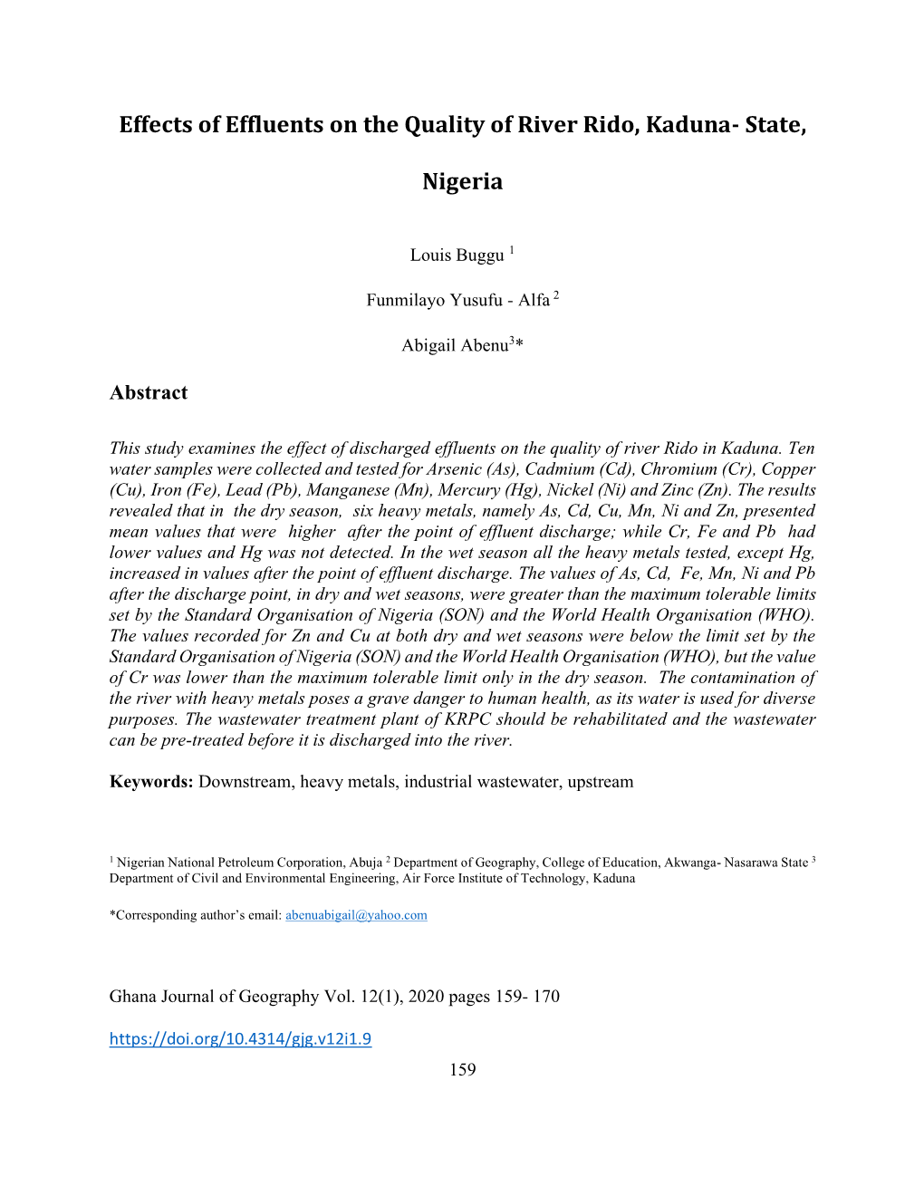 Effects of Effluents on the Quality of River Rido, Kaduna- State, Nigeria
