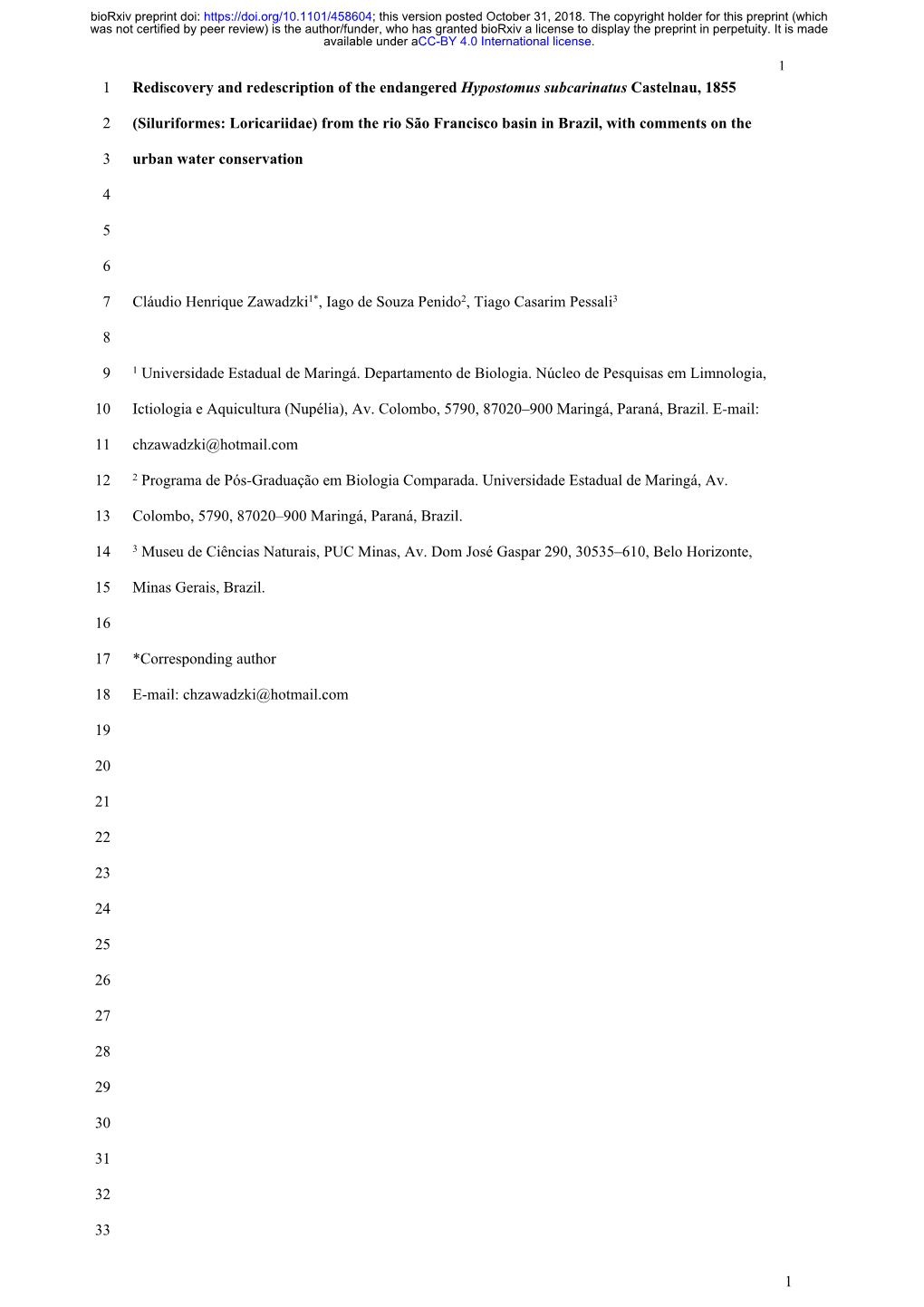 Rediscovery and Redescription of the Endangered Hypostomus Subcarinatus Castelnau, 1855 (Siluriformes: Loricariidae) from the Ri