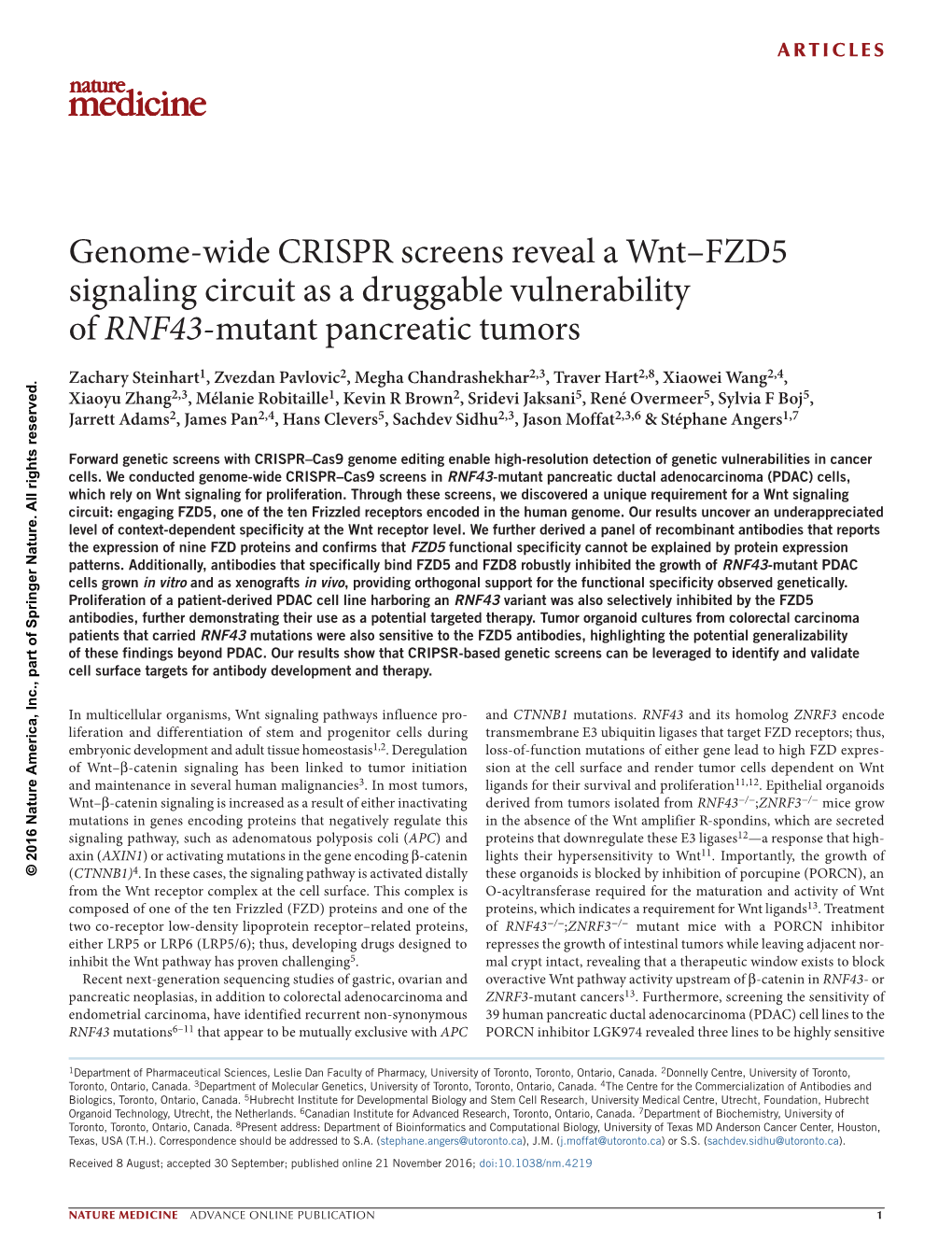 Genome-Wide CRISPR Screens Reveal a Wnt–FZD5 Signaling Circuit As a Druggable Vulnerability of RNF43-Mutant Pancreatic Tumors