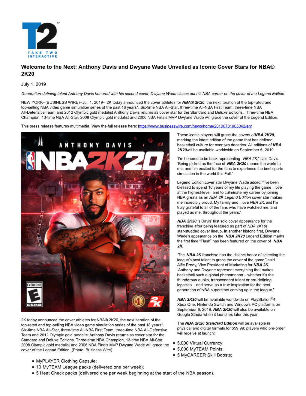 Welcome to the Next: Anthony Davis and Dwyane Wade Unveiled As Iconic Cover Stars for NBA® 2K20