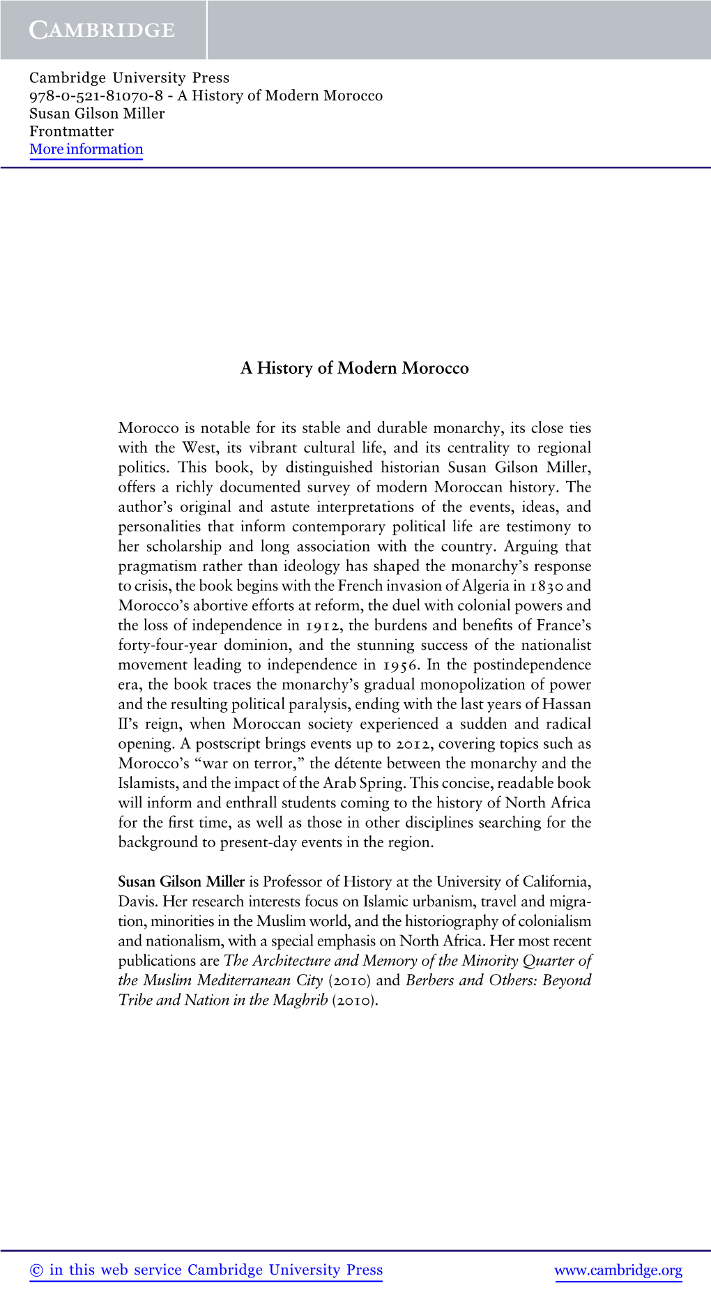 A History of Modern Morocco Susan Gilson Miller Frontmatter More Information