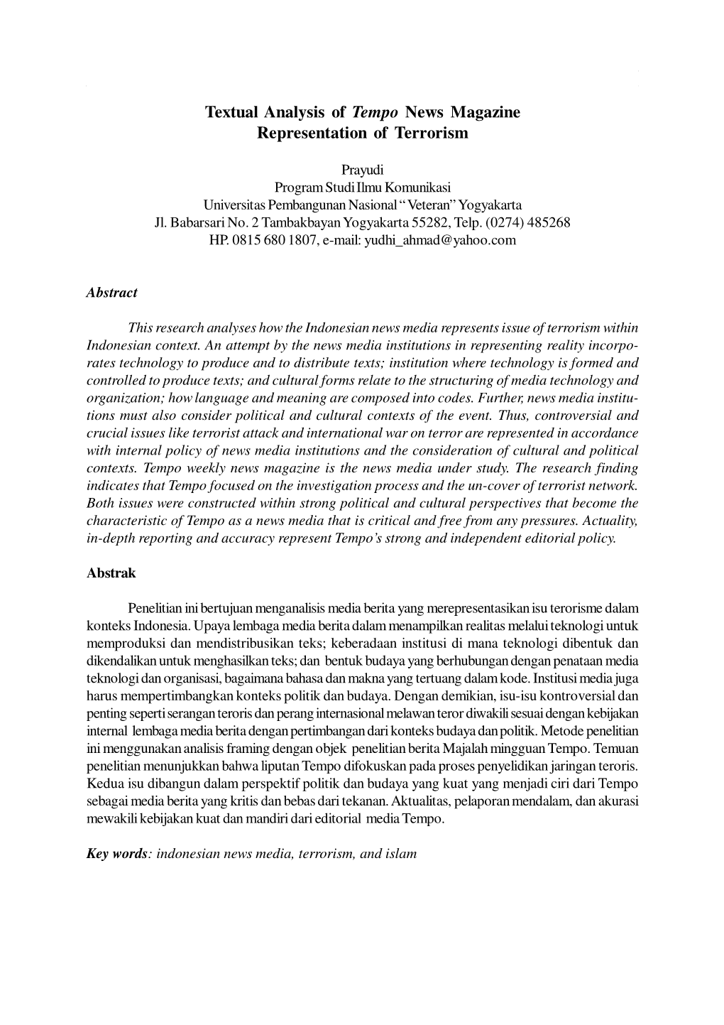 Textual Analysis of Tempo News Magazine Representation of Terrorism