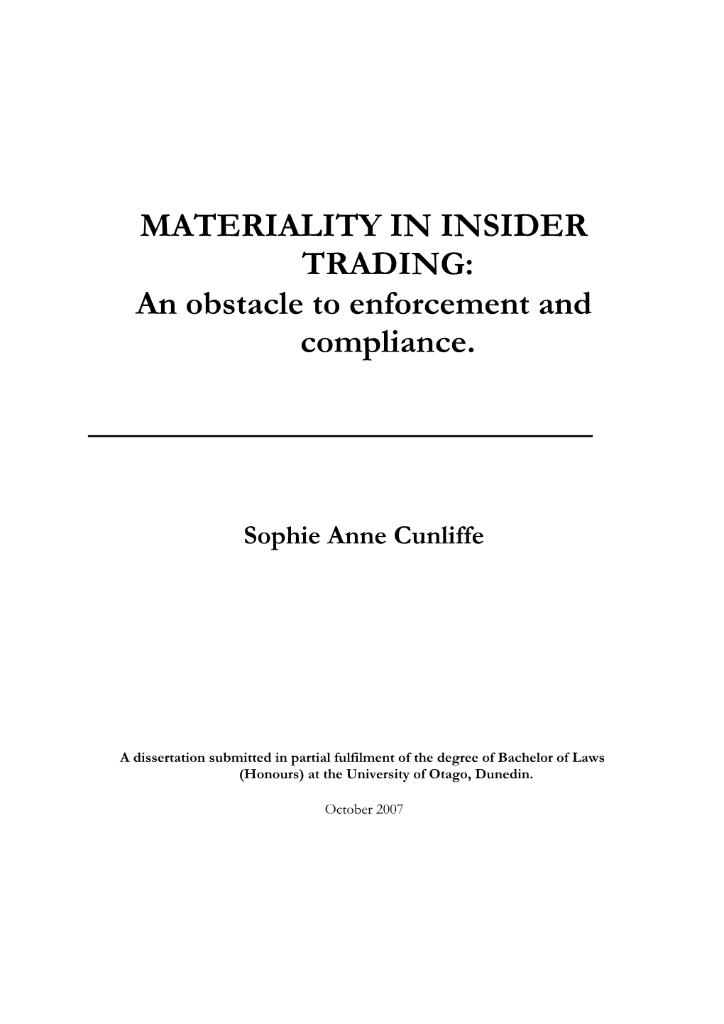 MATERIALITY in INSIDER TRADING: an Obstacle to Enforcement and Compliance