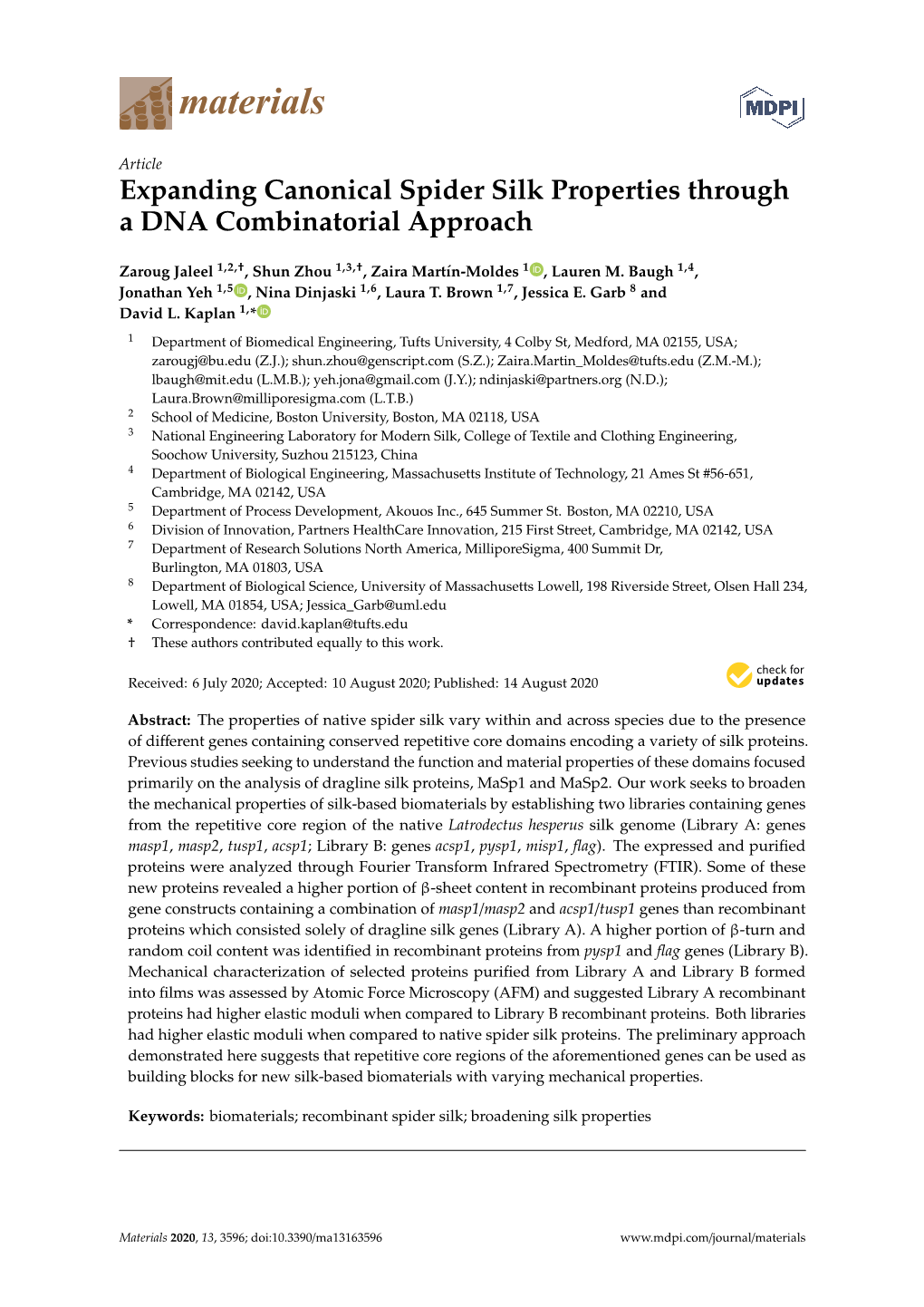 Expanding Canonical Spider Silk Properties Through a DNA Combinatorial Approach