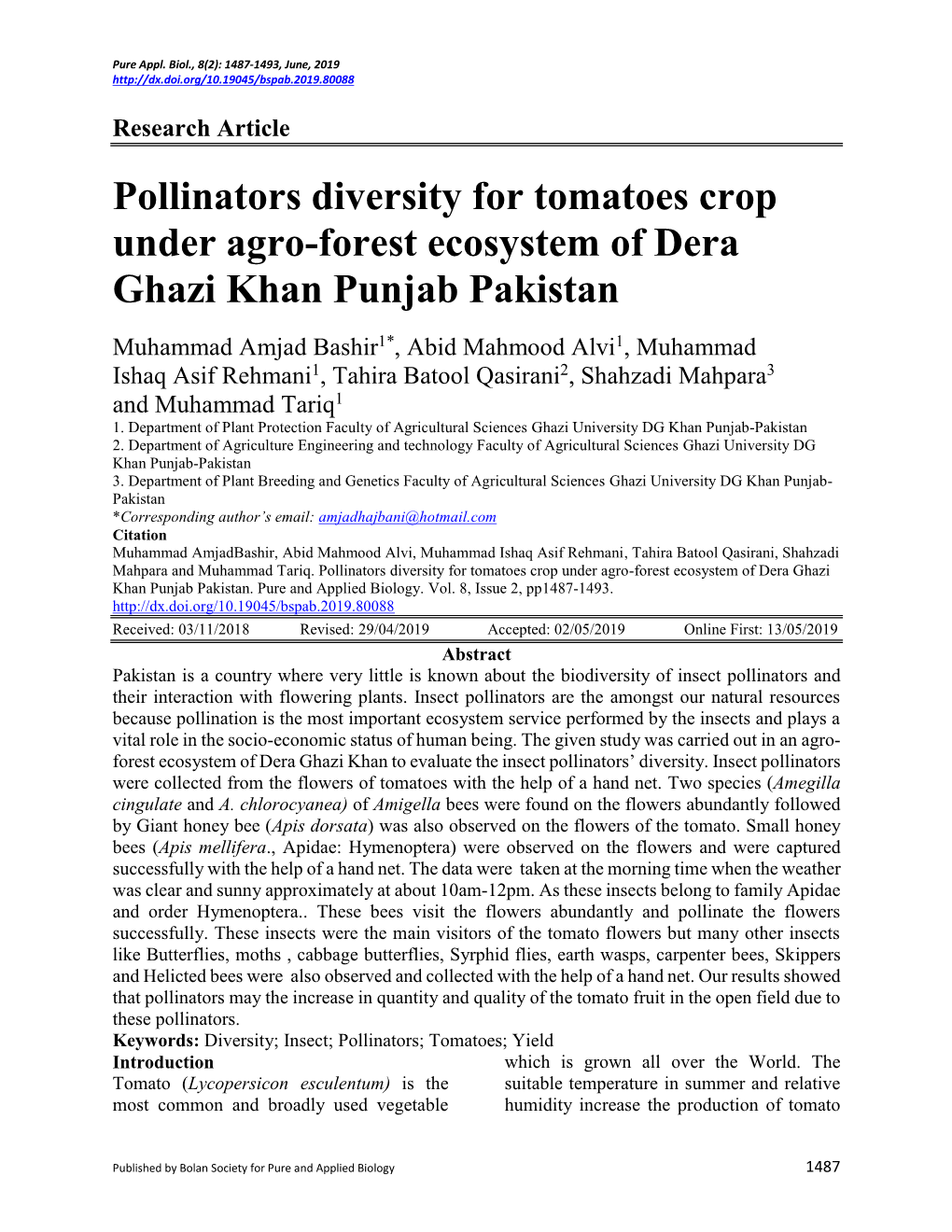 Pollinators Diversity for Tomatoes Crop Under Agro-Forest Ecosystem of Dera Ghazi Khan Punjab Pakistan