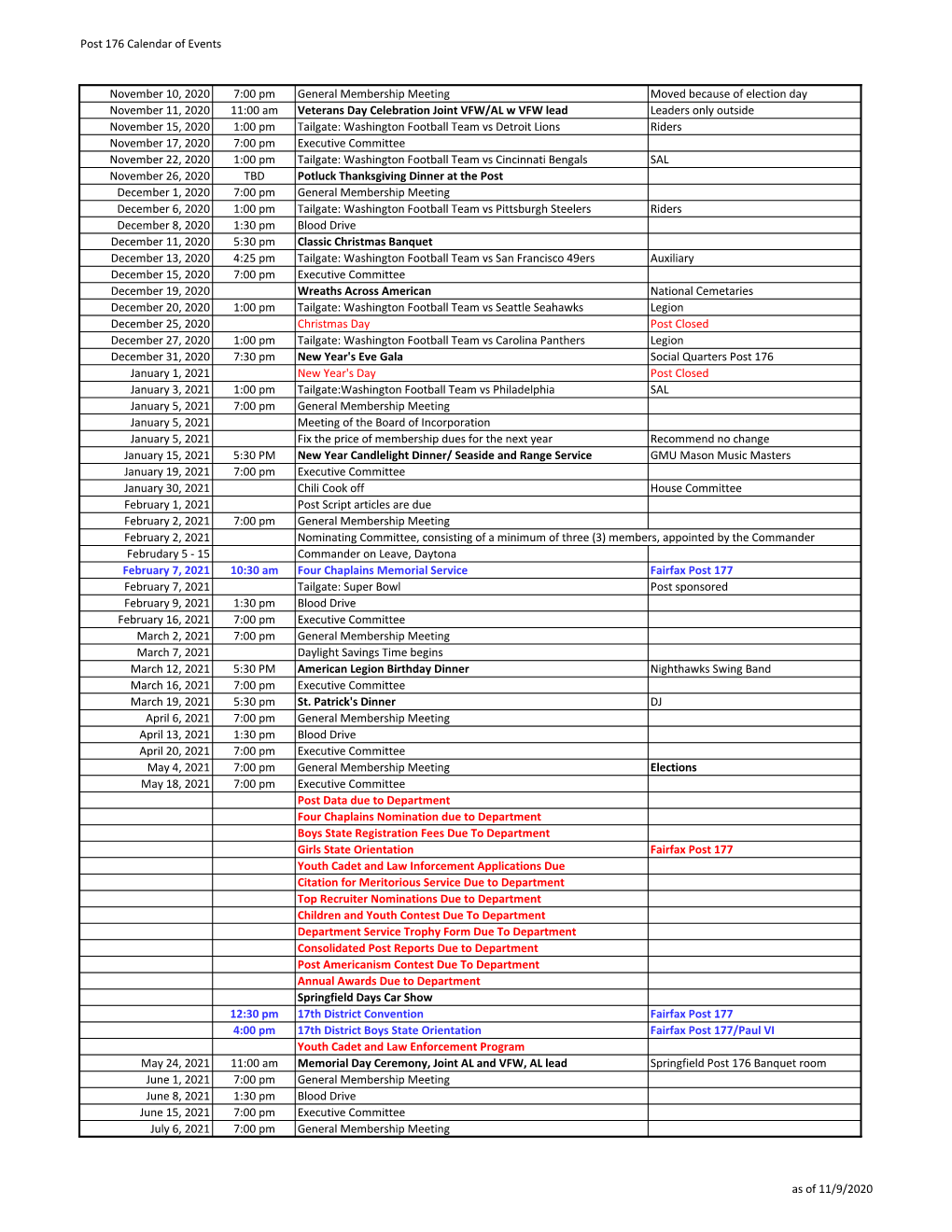 Post 176 Calendar of Events November 10, 2020 7:00 Pm