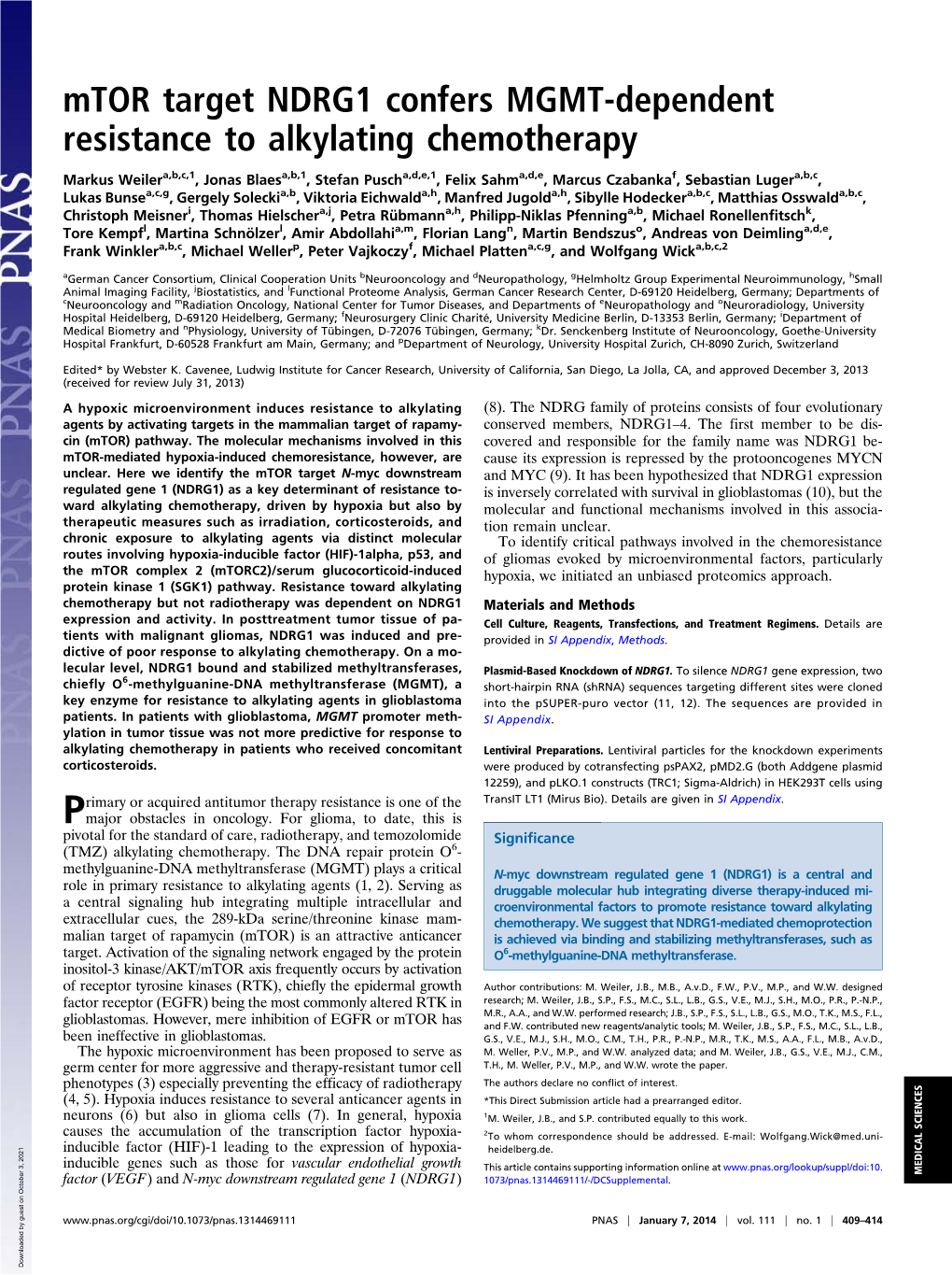 Mtor Target NDRG1 Confers MGMT-Dependent Resistance to Alkylating Chemotherapy