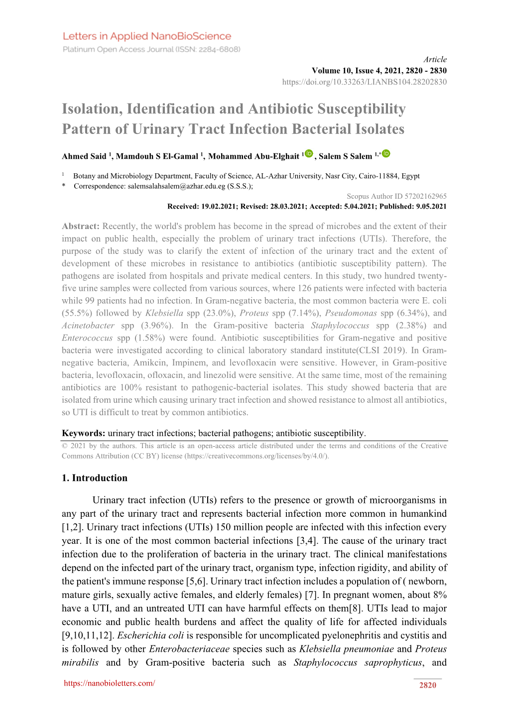 Isolation, Identification and Antibiotic Susceptibility Pattern of Urinary Tract Infection Bacterial Isolates