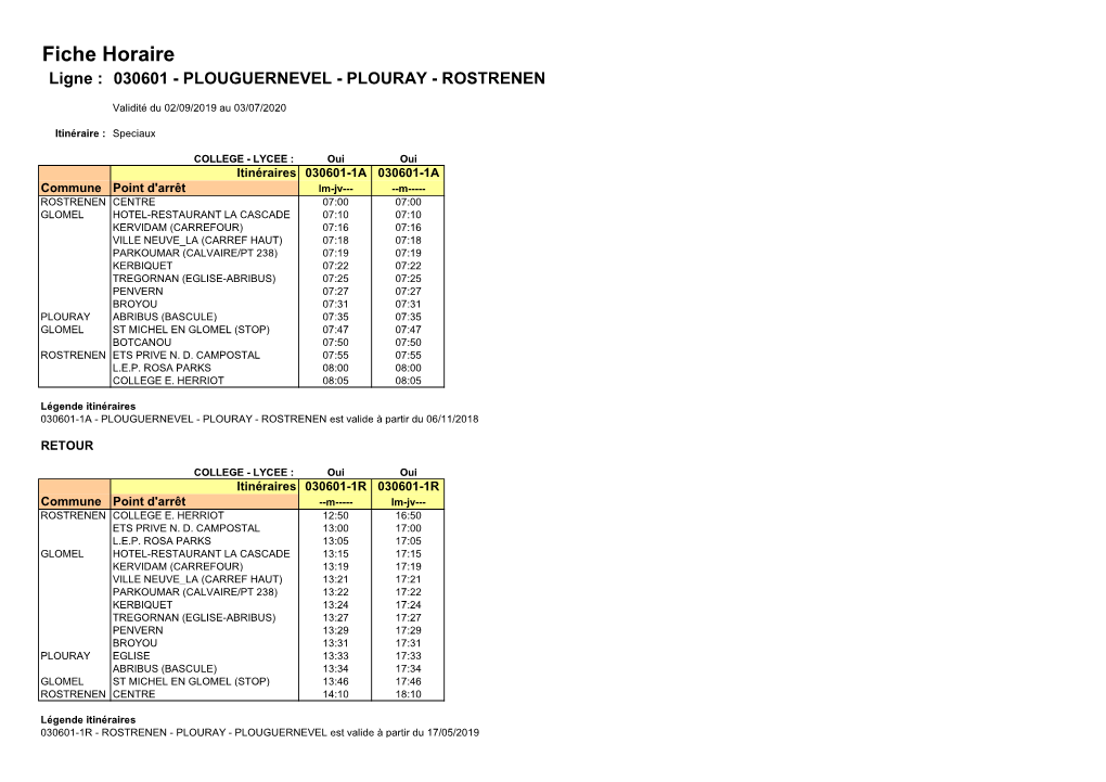 Fiche Horaire Ligne : 030601 - PLOUGUERNEVEL - PLOURAY - ROSTRENEN