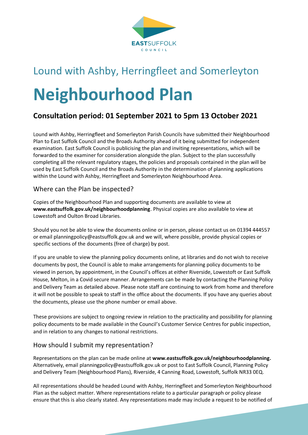 Neighbourhood Plan Consultation Period: 01 September 2021 to 5Pm 13 October 2021