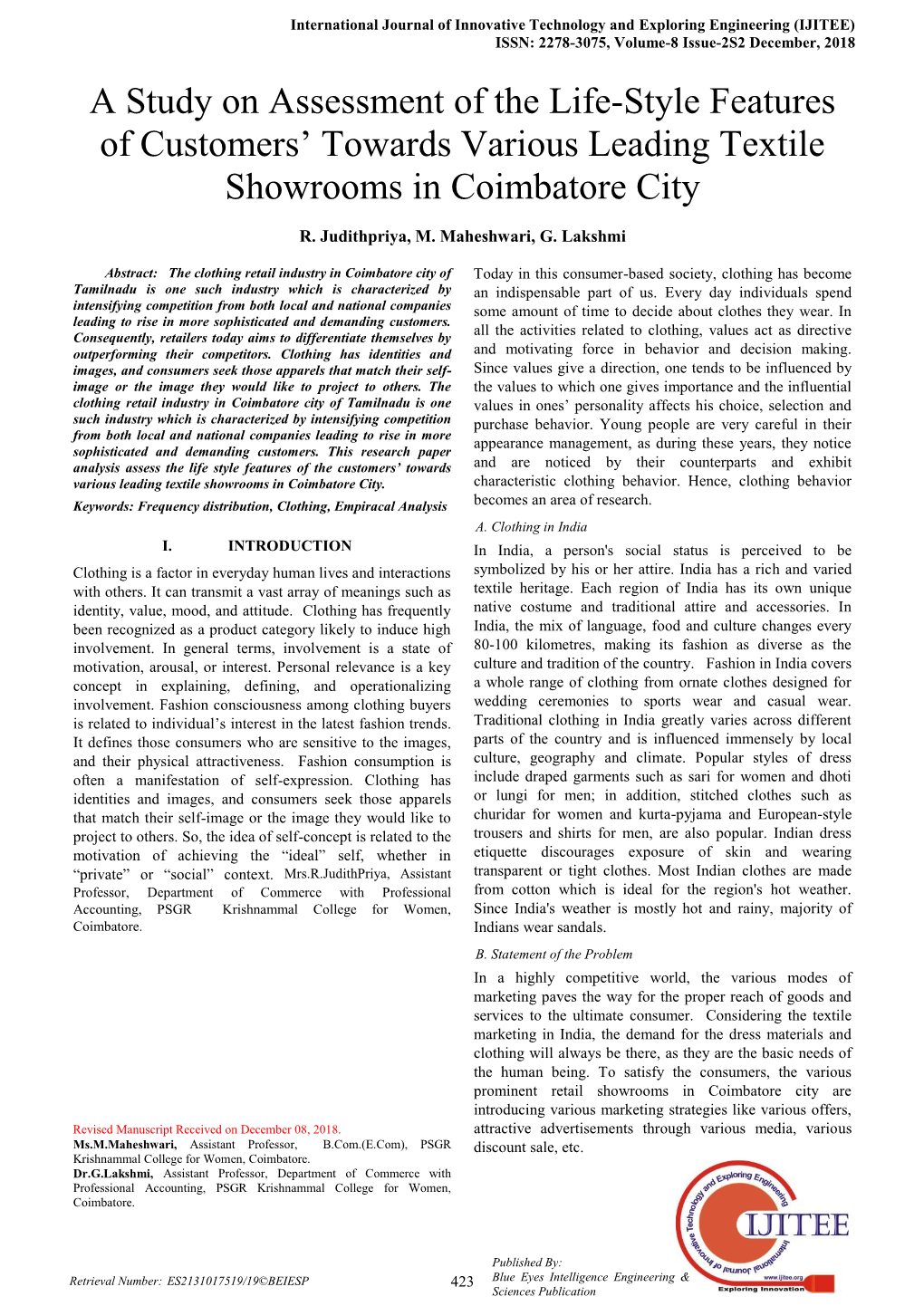 A Study on Assessment of the Life-Style Features of Customers’ Towards Various Leading Textile Showrooms in Coimbatore City