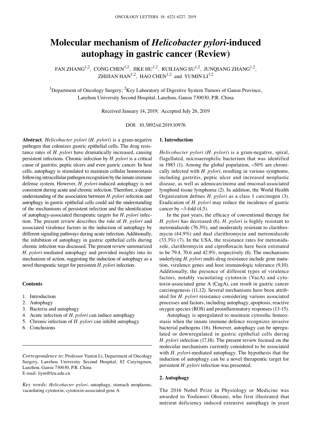 Molecular Mechanism of Helicobacter Pylori‑Induced Autophagy in Gastric Cancer (Review)