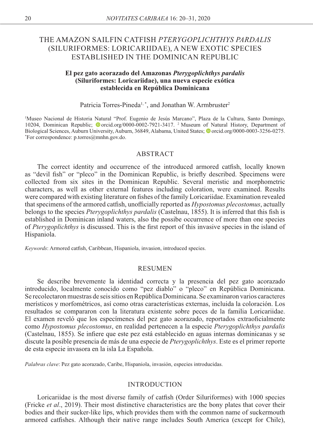 The Amazon Sailfin Catfish Pterygoplichthys Pardalis (Siluriformes: Loricariidae), a New Exotic Species Established in the Dominican Republic