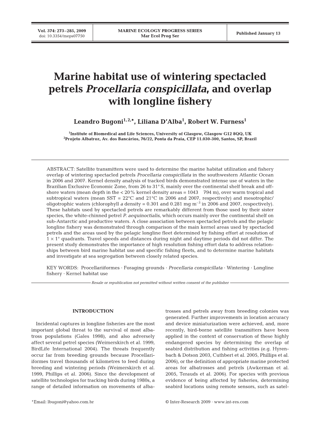 Marine Habitat Use of Wintering Spectacled Petrels Procellaria Conspicillata, and Overlap with Longline Fishery