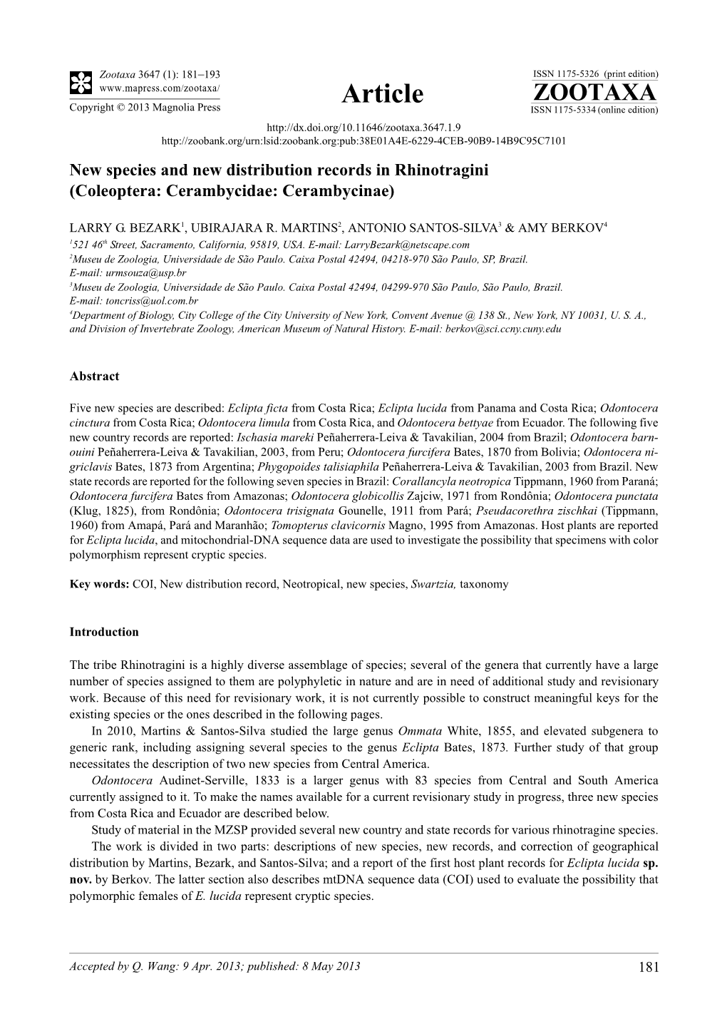 New Species and New Distribution Records in Rhinotragini (Coleoptera: Cerambycidae: Cerambycinae)