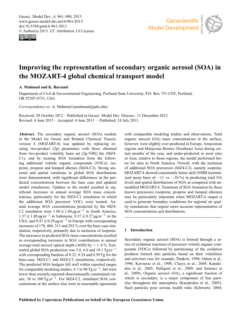 Improving the Representation of Secondary Organic Aerosol (SOA) in the MOZART-4 Global Chemical Transport Model