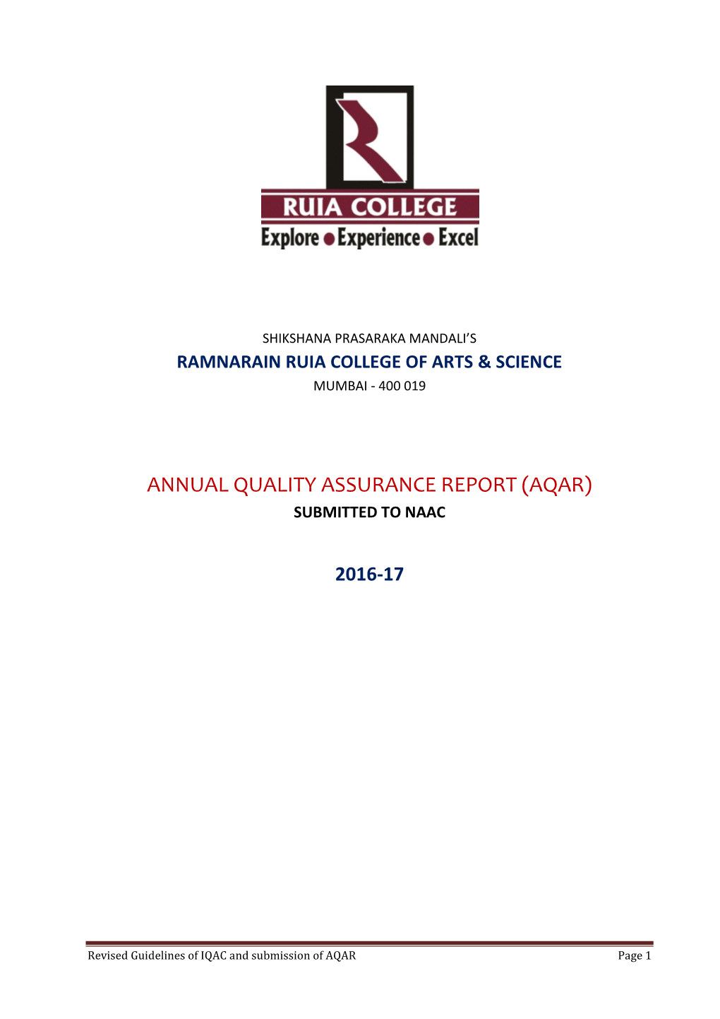 Annual Quality Assurance Report (Aqar) Submitted to Naac