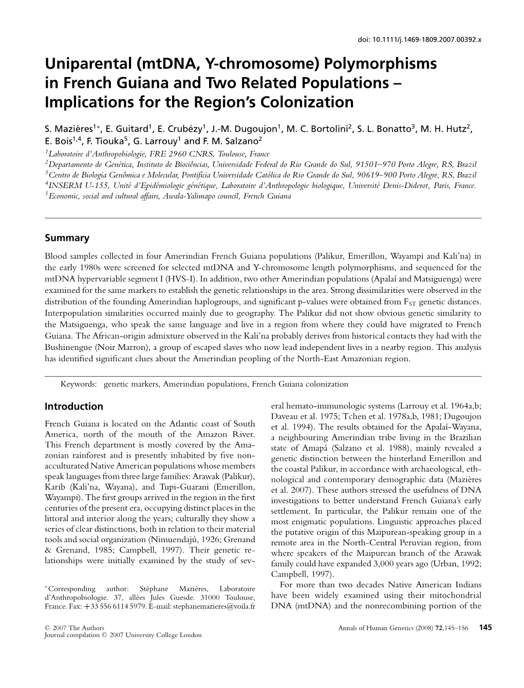 Mtdna, Y-Chromosome) Polymorphisms in French Guiana and Two Related Populations – Implications for the Region’S Colonization