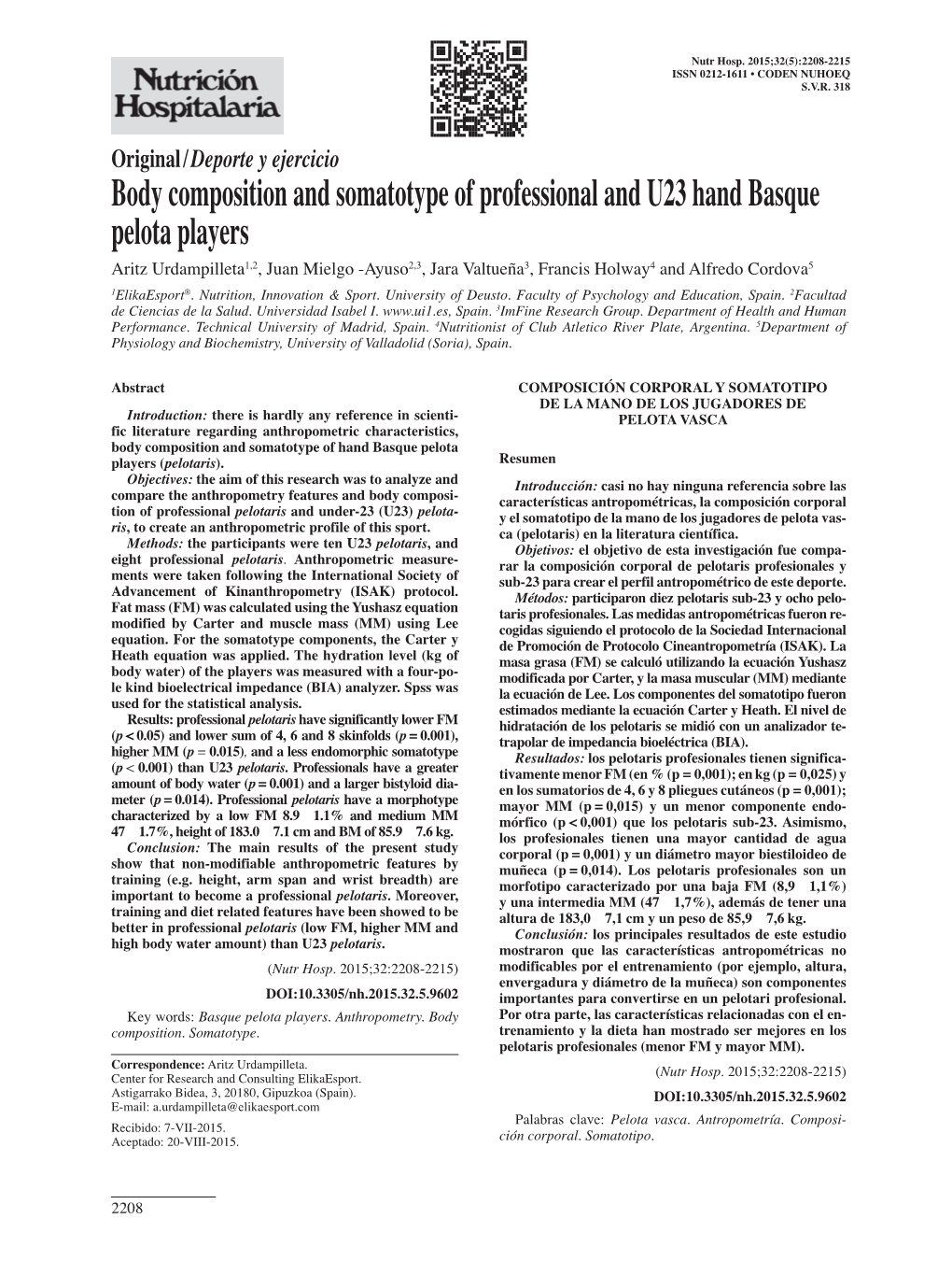 Body Composition and Somatotype of Professional and U23 Hand Basque