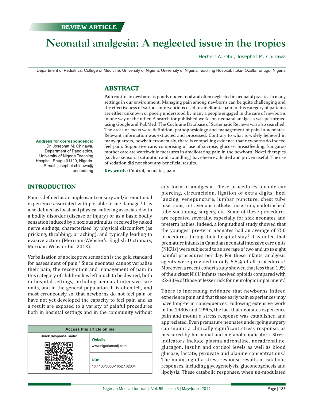 Neonatal Analgesia: a Neglected Issue in the Tropics