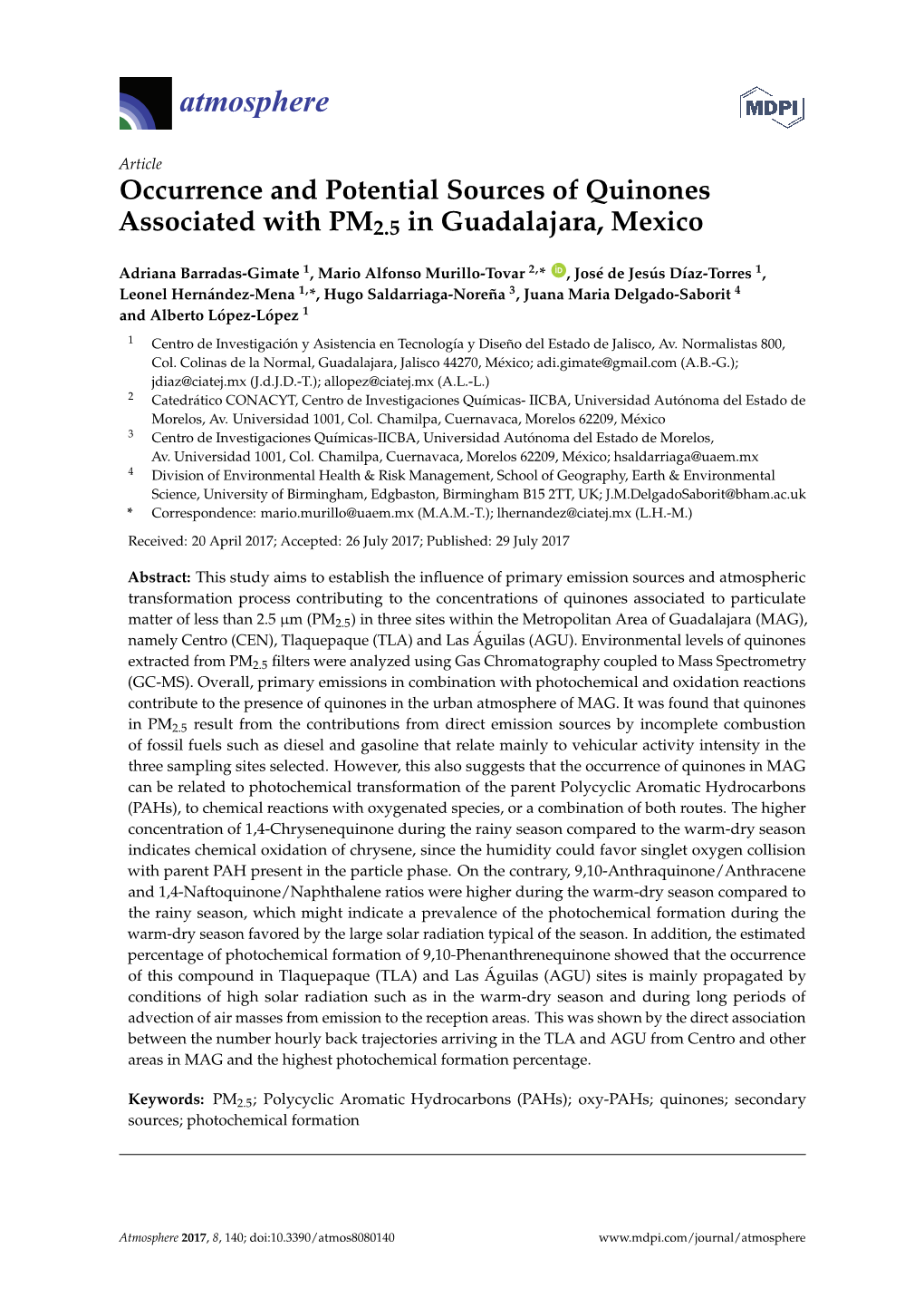 Occurrence and Potential Sources of Quinones Associated with PM2.5 in Guadalajara, Mexico