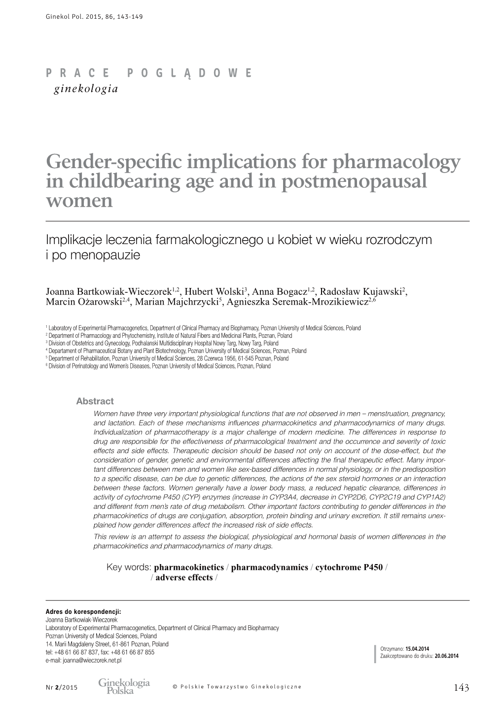 Gender-Specific Implications for Pharmacology in Childbearing Age