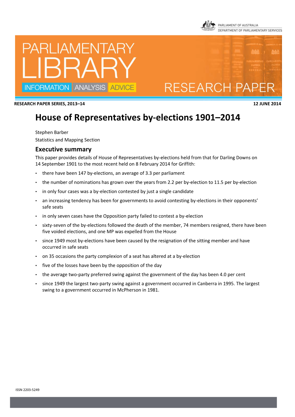 House of Representatives By-Elections 1901–2014