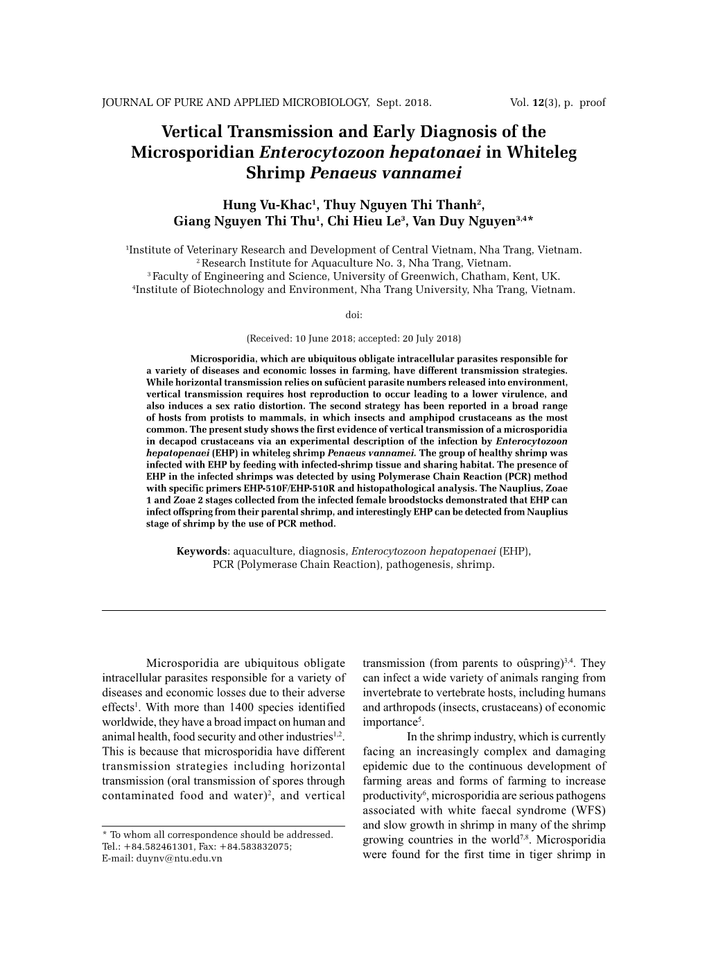 Vertical Transmission and Early Diagnosis of the Microsporidian Enterocytozoon Hepatonaei in Whiteleg Shrimp Penaeus Vannamei