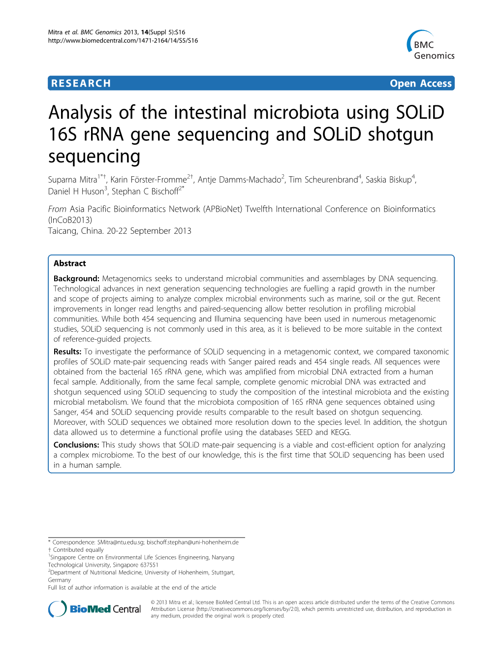 Analysis of the Intestinal Microbiota Using Solid 16S Rrna Gene Sequencing and Solid Shotgun Sequencing