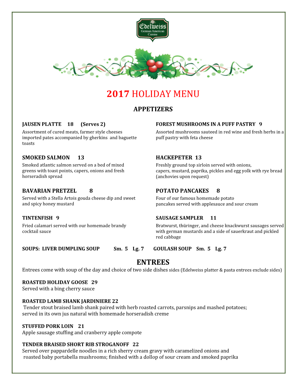 2017 Holiday Menu