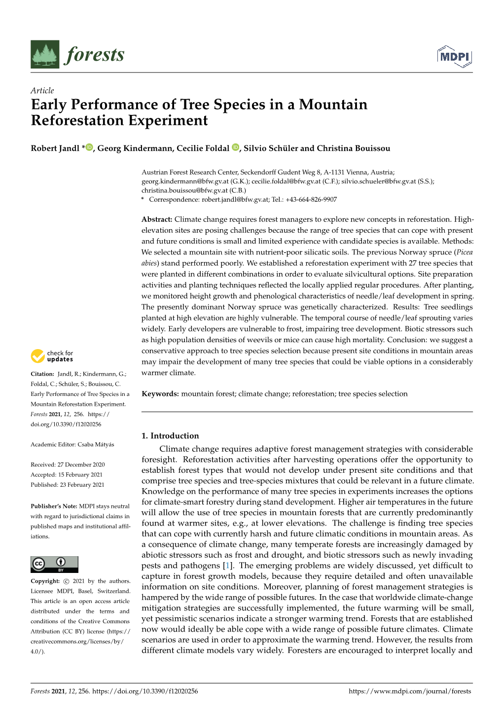 Early Performance of Tree Species in a Mountain Reforestation Experiment