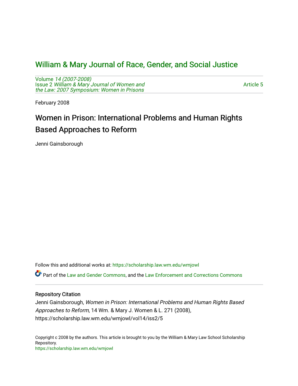Women in Prison: International Problems and Human Rights Based Approaches to Reform