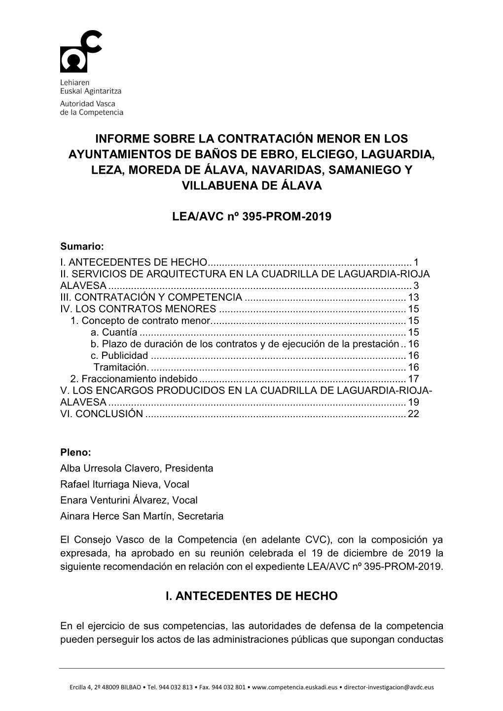 Informe Sobre La Contratación Menor En Los Ayuntamientos De Baños De Ebro, Elciego, Laguardia, Leza, Moreda De Álava, Navaridas, Samaniego Y Villabuena De Álava