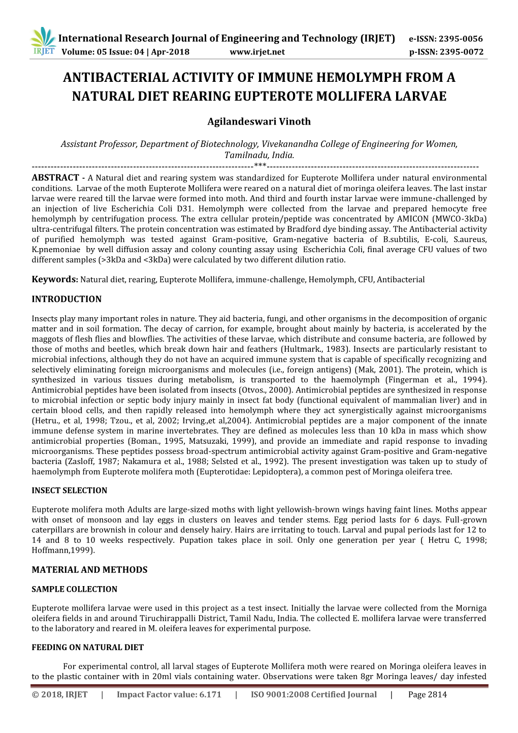 Antibacterial Activity of Immune Hemolymph from a Natural Diet Rearing Eupterote Mollifera Larvae