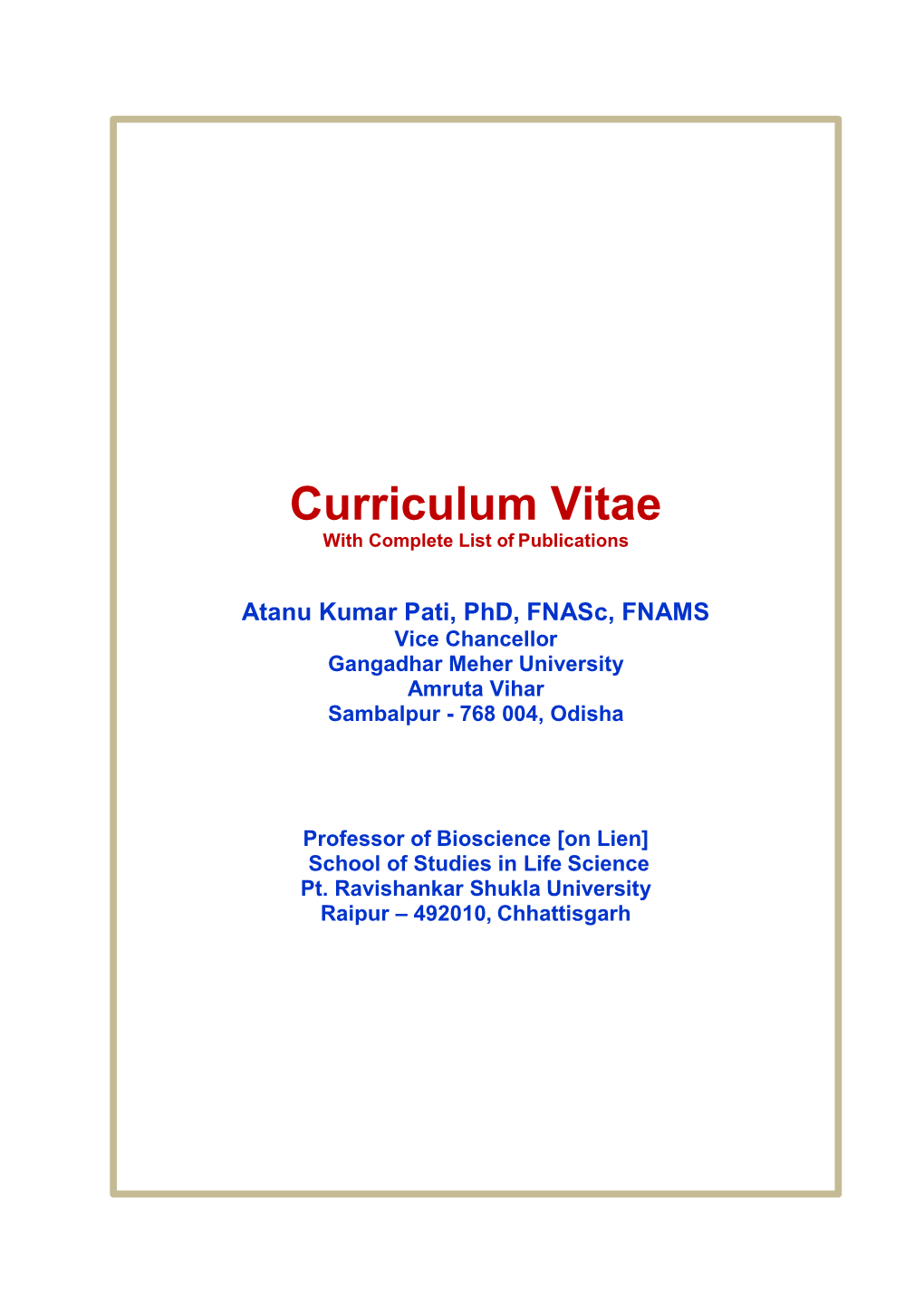 Curriculum Vitae with Complete List of Publications