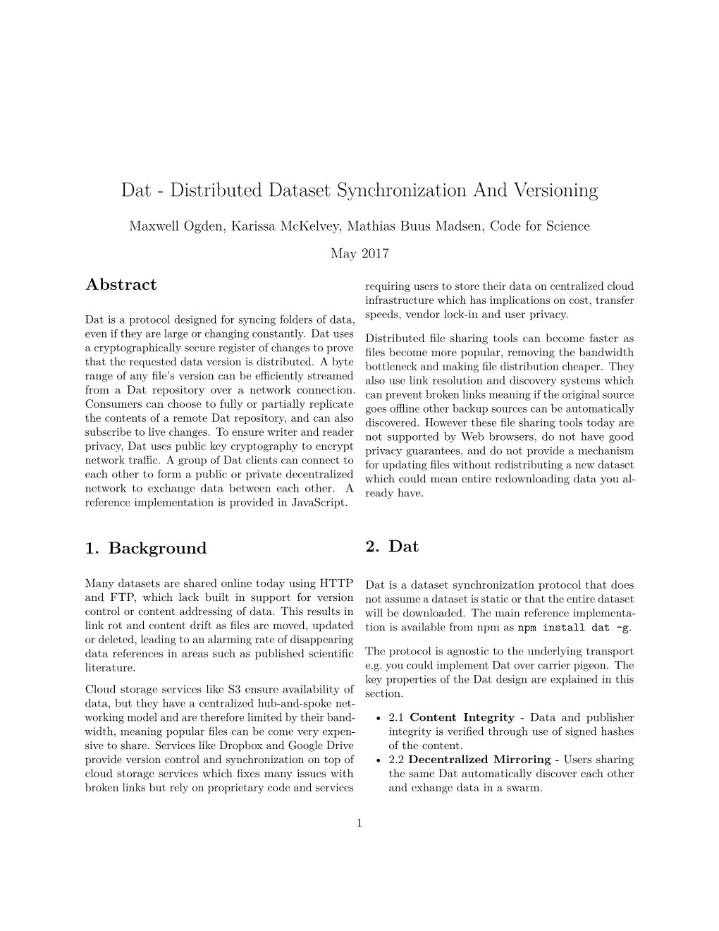 Dat - Distributed Dataset Synchronization and Versioning