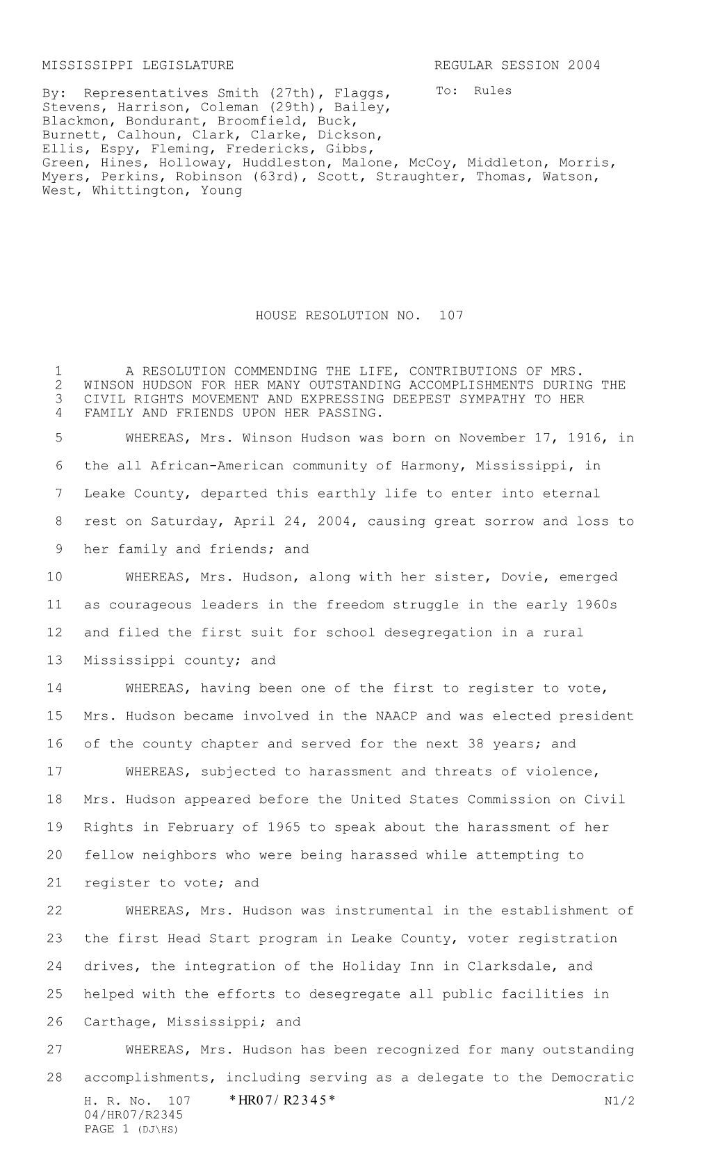 *Hr07/R2345* Mississippi Legislature Regular