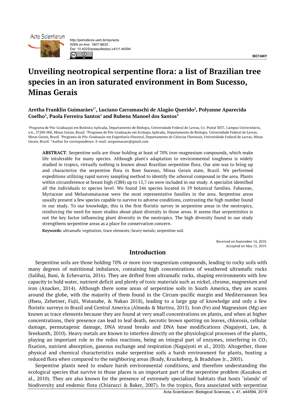 Unveiling Neotropical Serpentine Flora: a List of Brazilian Tree Species in an Iron Saturated Environment in Bom Sucesso, Minas Gerais