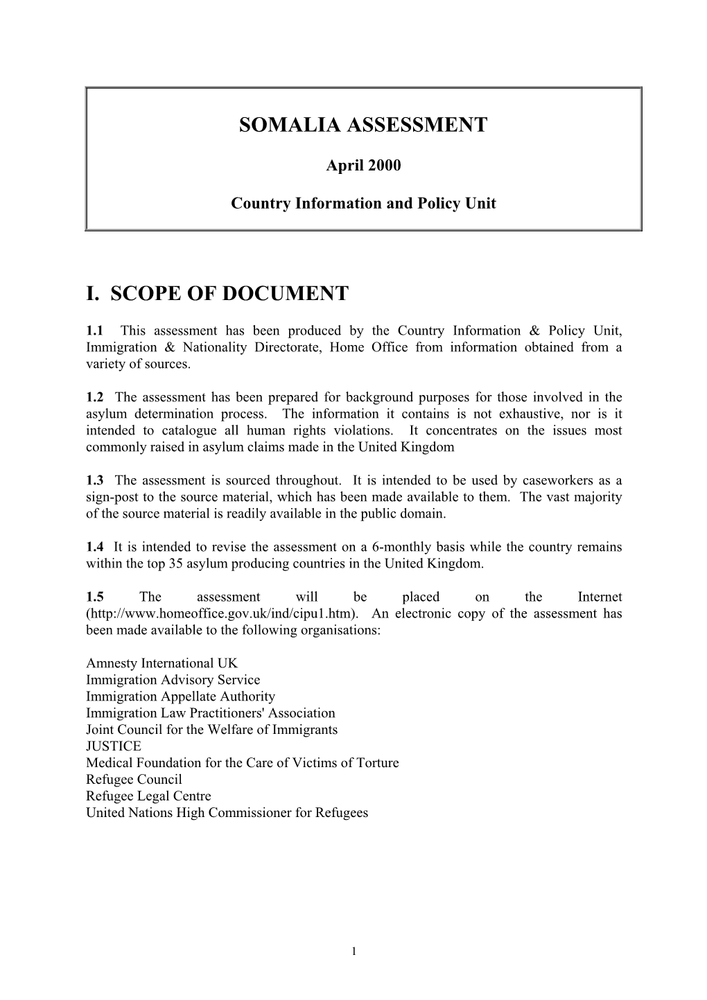 Somalia Assessment I. Scope of Document