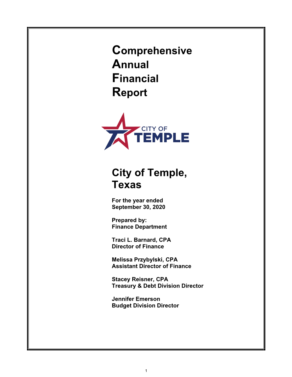 Comprehensive Annual Financial Report City of Temple, Texas