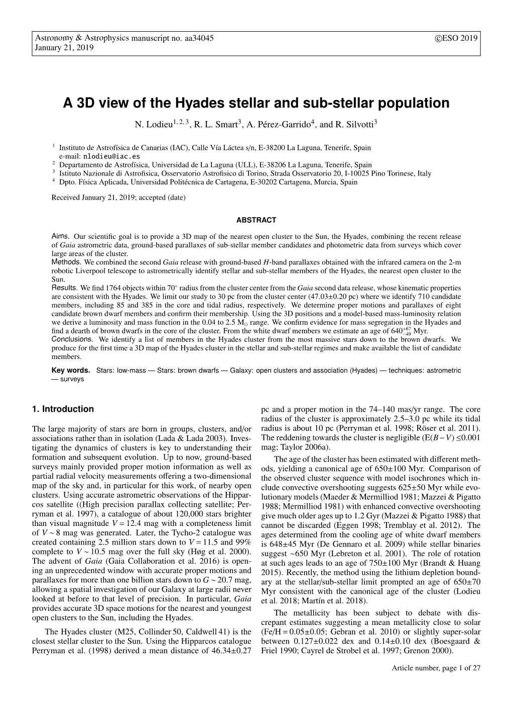 A 3D View of the Hyades Stellar and Sub-Stellar Population N