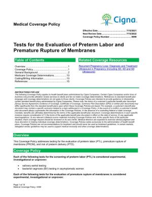 Tests for the Evaluation of Preterm Labor and Premature Rupture of Membranes